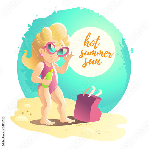 Vector flat summer cartoon illustration. Sea coast, sand, sky. Young cute smiling girl. Summer postcard, advertising, poster. 