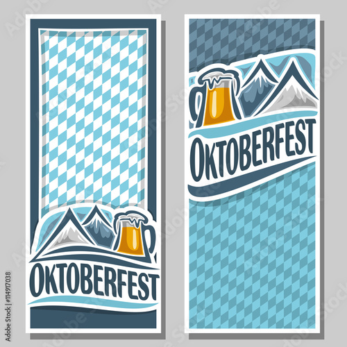 Vector ticket invitation oktoberfest, 2 isolated flat vertical banner: pint beer mug with lager, Alps mountains. Bavarian Oktoberfest flag white blue rhombus. Beer cup alcohol drink with alps mountain
