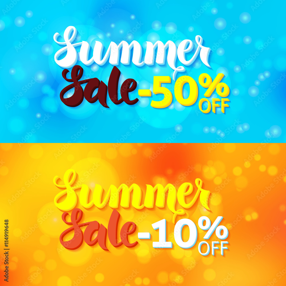 Summer Sale Promo Banners over Abstract Blurred Background