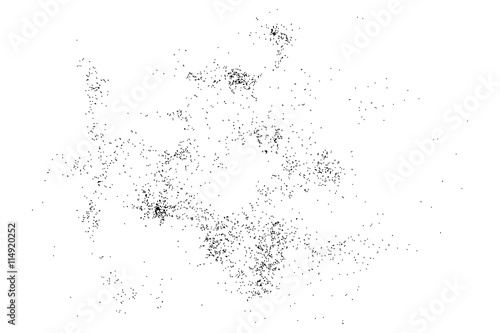Abstract grainy texture isolated on white background. Silhouette of food flakes such as salt or almond or wheat flour spread on the flat surface or table. Top view. Dust, sand blow or bread crumbs.