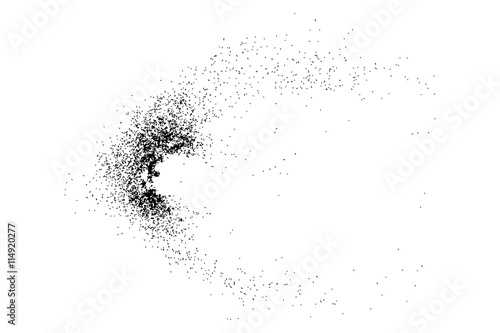 Abstract grainy texture isolated on white background. Silhouette of food flakes such as salt or almond or wheat flour spread on the flat surface or table. Top view. Dust, sand blow or bread crumbs.