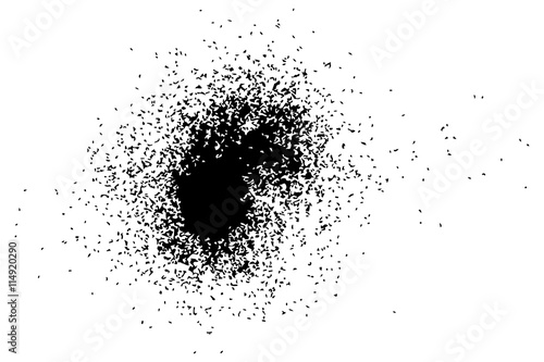Abstract grainy texture isolated on white background. Silhouette of food flakes such as salt or almond or wheat flour spread on the flat surface or table. Top view. Dust, sand blow or bread crumbs.