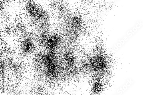 Abstract grainy texture isolated on white background. Silhouette of food flakes such as salt or almond or wheat flour spread on the flat surface or table. Top view. Dust, sand blow or bread crumbs.