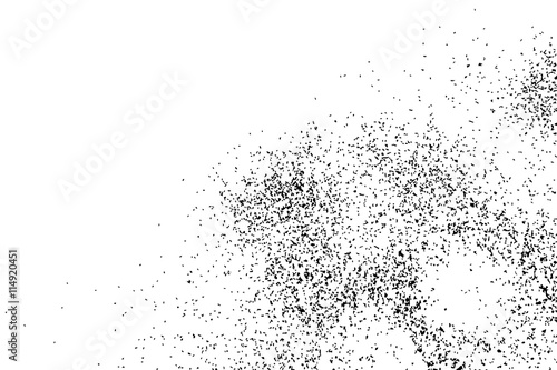 Abstract grainy texture isolated on white background. Silhouette of food flakes such as salt or almond or wheat flour spread on the flat surface or table. Top view. Dust, sand blow or bread crumbs.