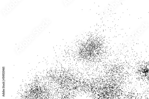 Abstract grainy texture isolated on white background. Silhouette of food flakes such as salt or almond or wheat flour spread on the flat surface or table. Top view. Dust, sand blow or bread crumbs.