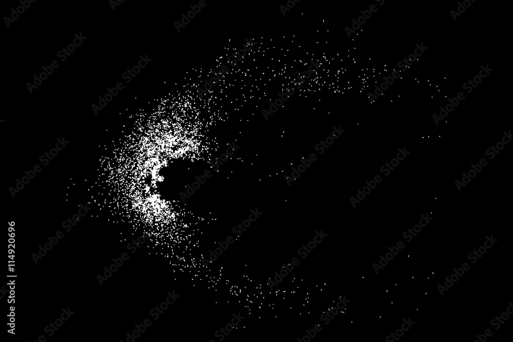 Abstract grainy texture isolated on black background. Silhouette of food flakes such as salt or almond or wheat flour spread on the flat surface or table. Top view. Dust, sand blow or bread crumbs. Abstract grainy texture isolated on black background. Silhouette of food flakes such as salt or almond or wheat flour spread on the flat surface or table. Top view. Dust, sand blow or bread crumbs.