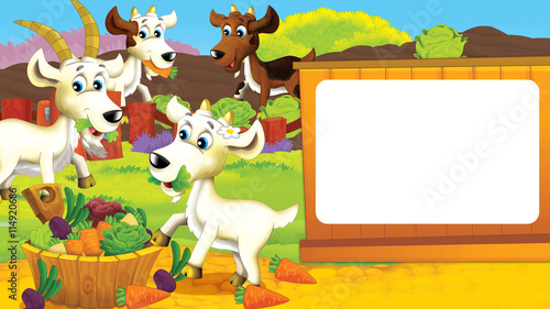 Cartoon scene of a goat on the farm having fun - eating together with goat family - illustration for children