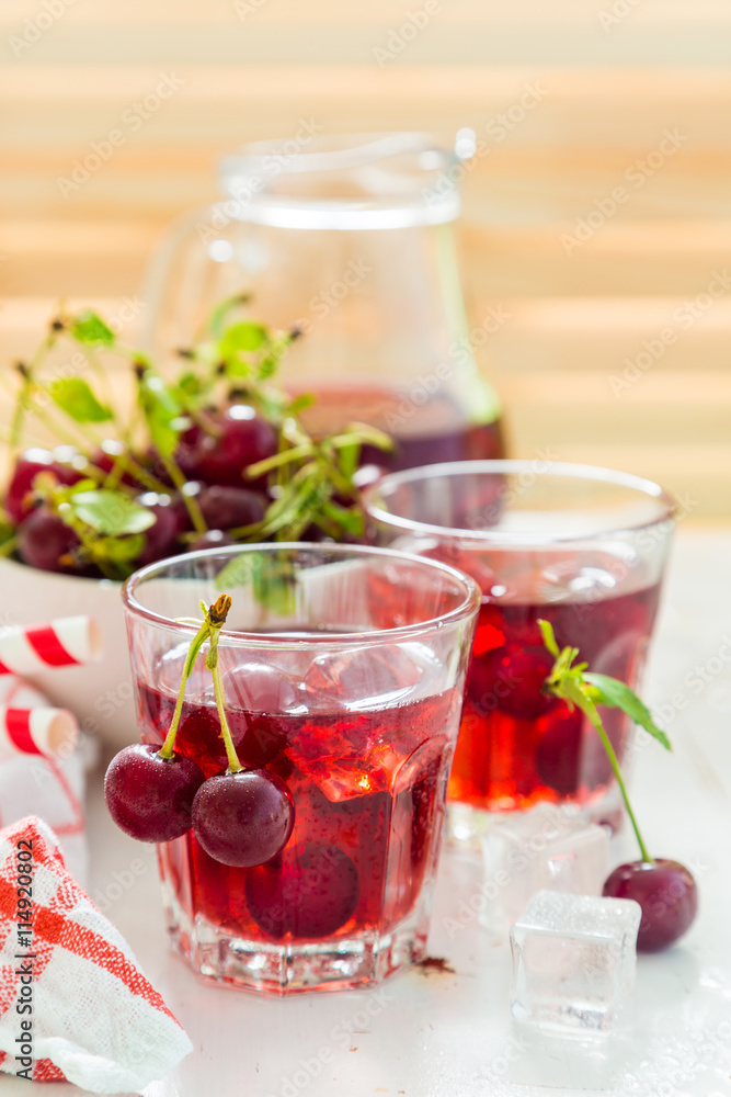 Cold cherry summer drink in glasses Cold cherry summer drink in glasses