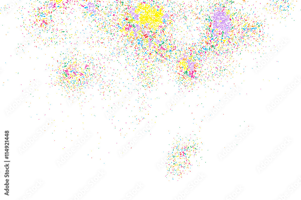 Colorful celebration background with confetti isolated on white, holiday illustration. Abstract background with many splattered falling round glitter pieces. Sprinkle random pattern, confetti blow. 