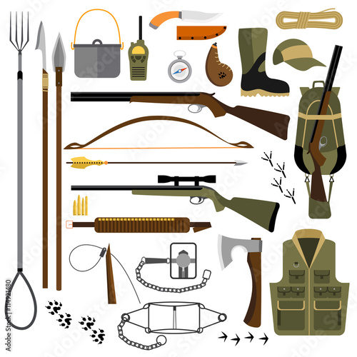 Vector flat illustration of hunting gear and weapons photo