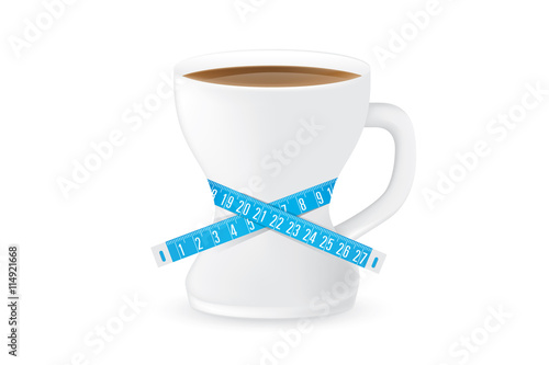 Coffee cup have a curve shape like a shapely body of woman. Coffee glass have measuring tape around. This illustration about slimming drink concept.