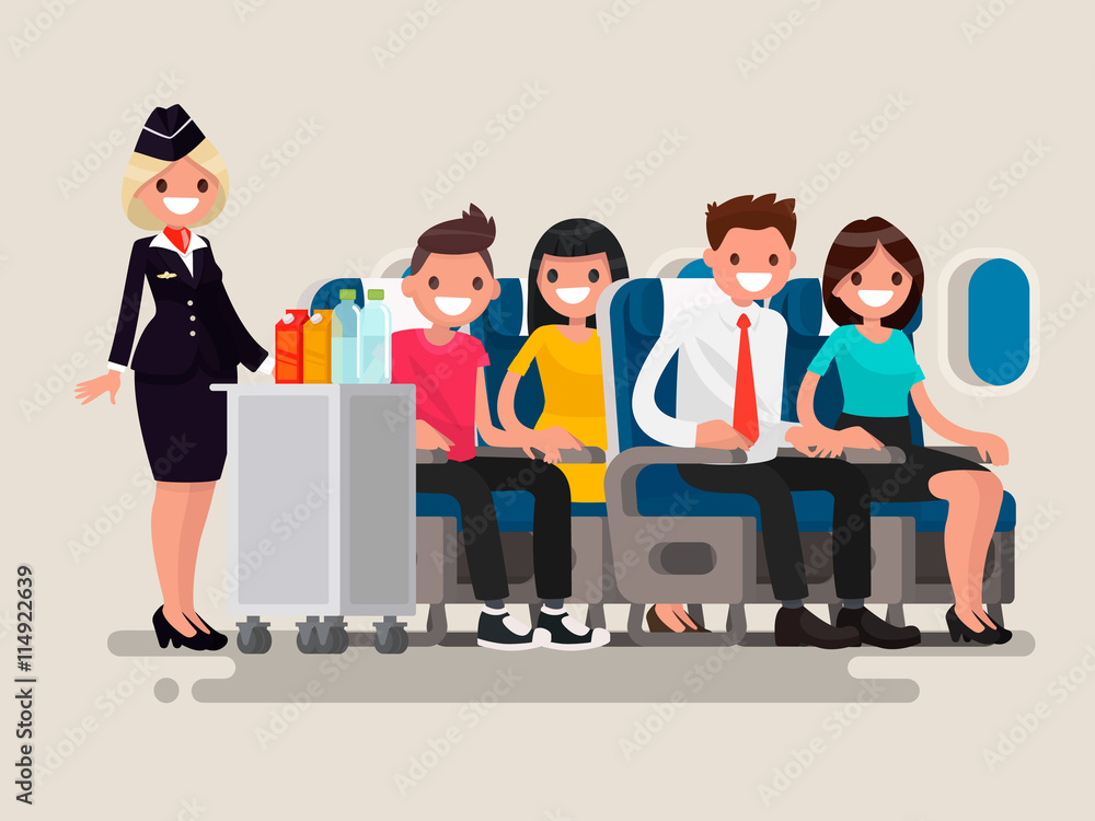Obraz premium Flight attendant serving drinks to passengers on board of the ai