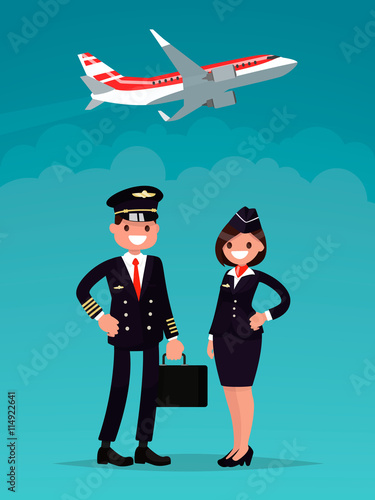 Pilot and a flight attendant on a background of an airplane taking off