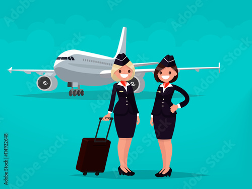 Two flight attendants against the backdrop of civil aircraft. Ve