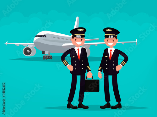 Two pilots on the background of the aircraft. Vector illustration
