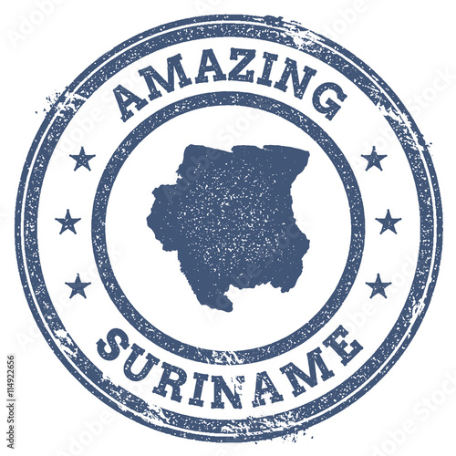 Vintage Amazing Suriname travel stamp with map outline. Suriname travel grunge round sticker.