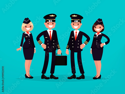 Сrew of a commercial aircraft. Pilots and flight attendants. 