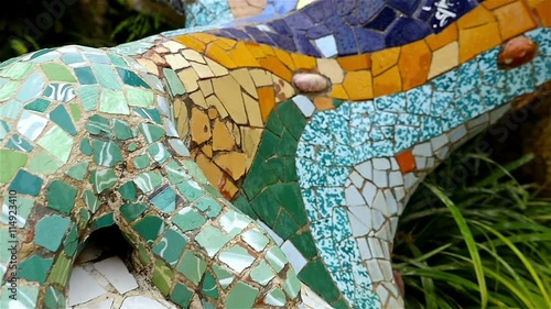 Details of the arch of colonnaded footpath in Antoni Gaudi's Park Guell, Barcelona, Spain