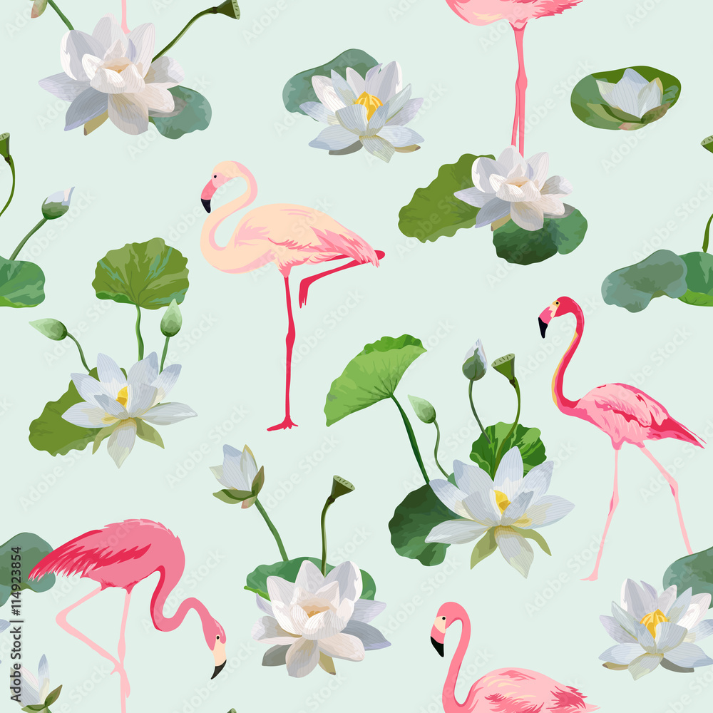 Naklejka premium Flamingo ptak i tło kwiaty lilii wodnej. Retro wzór