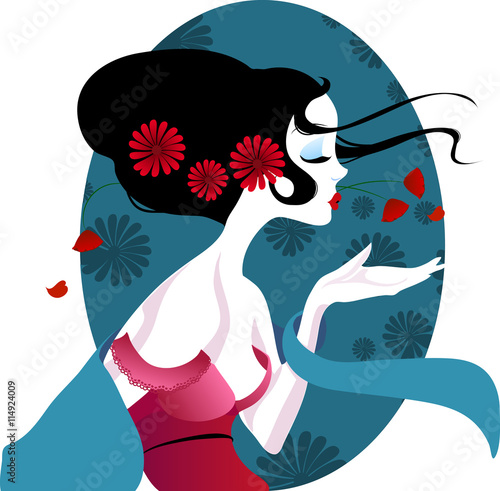 illustration of a beautiful geisha in red dress. very gentle and passionate.