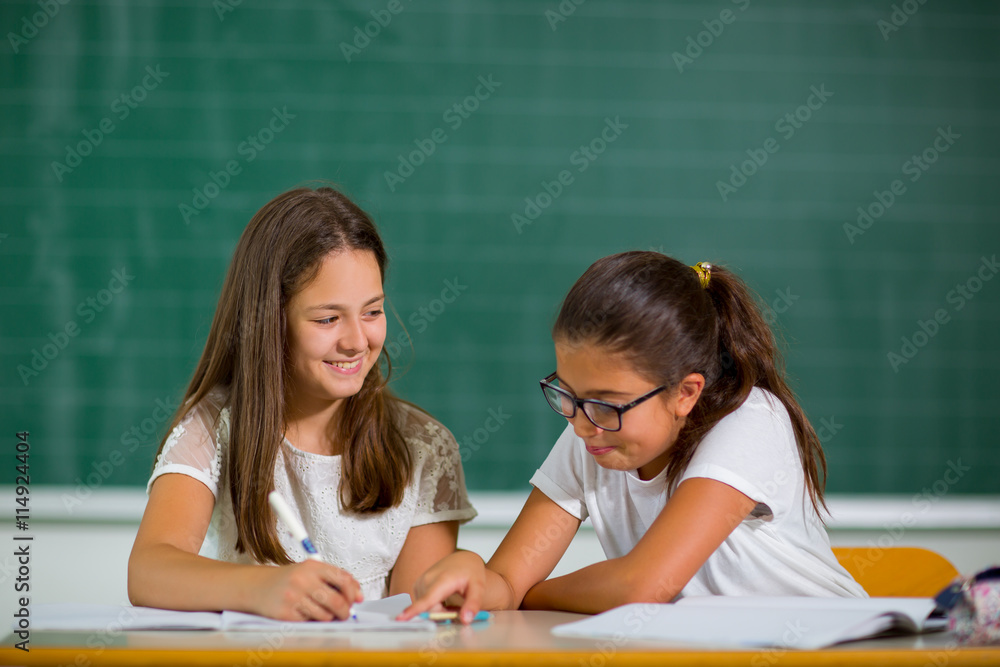 Portrait of two happy schoolgirls in a classroom. Portrait of two happy schoolgirls in a classroom.