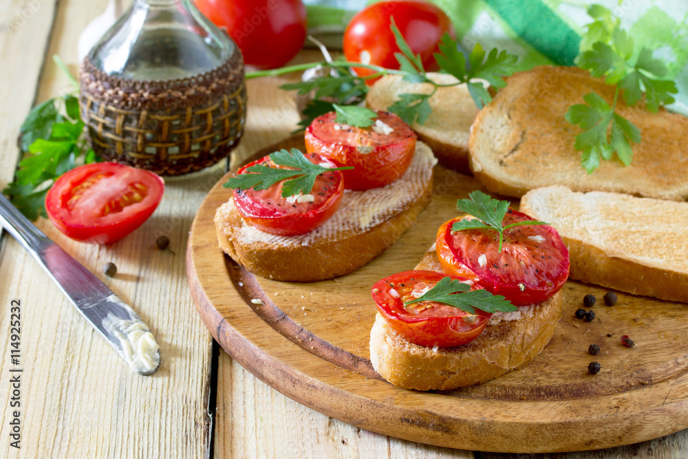 Italian tomato bruschetta with sun dried tomatoes, herbs and but