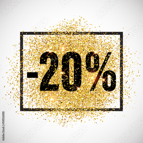 Discount promo label. Golden glitter sale tag.