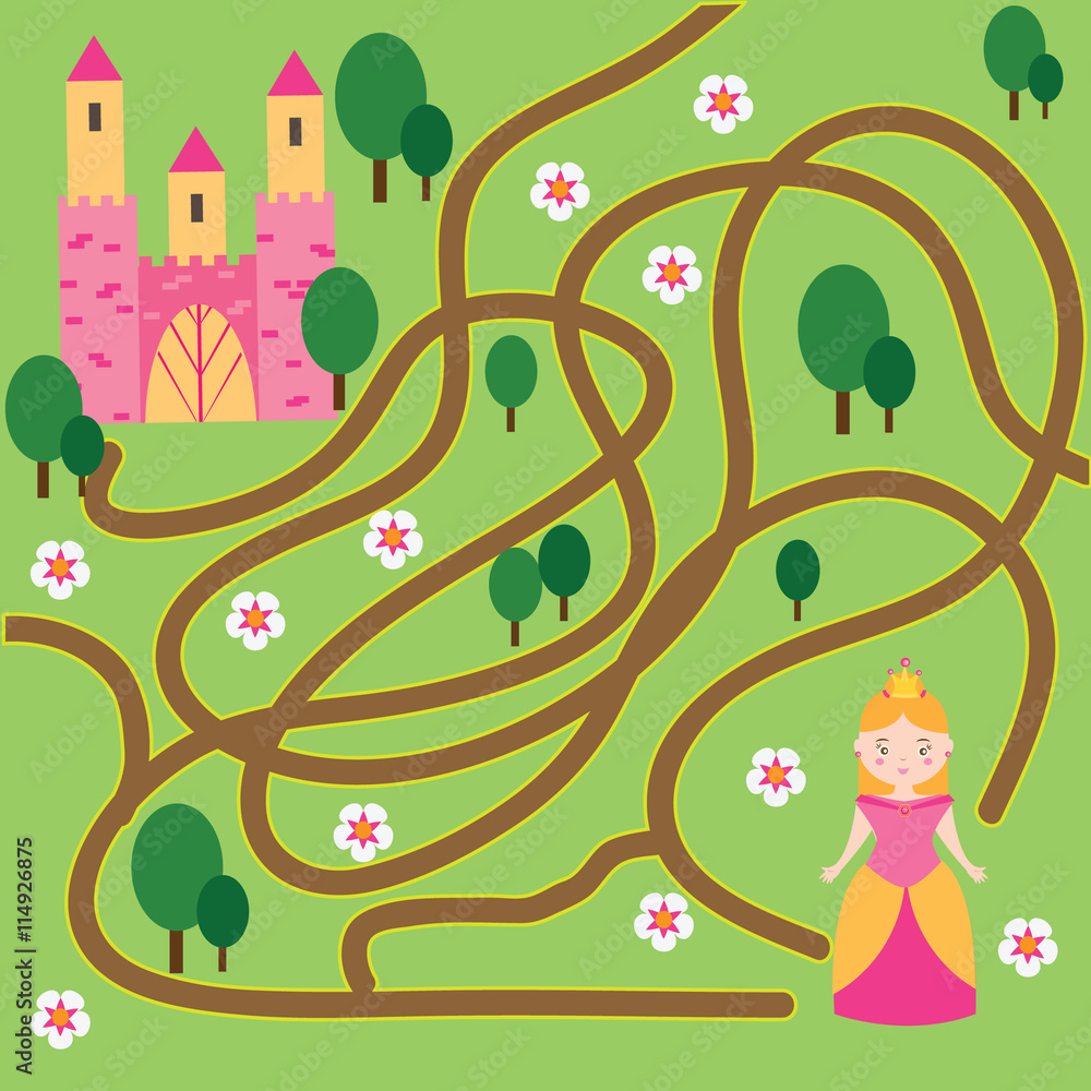 Maze game: fairytales theme. Help princess find home