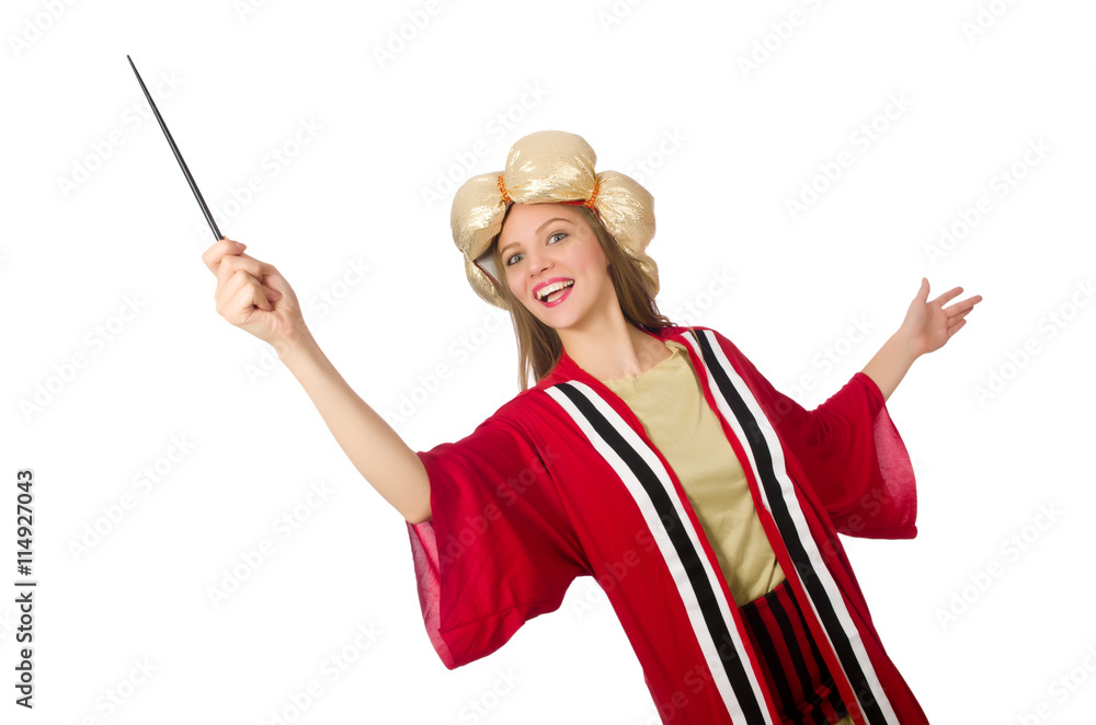 Woman wizard in red clothing isolated on white Woman wizard in red clothing isolated on white