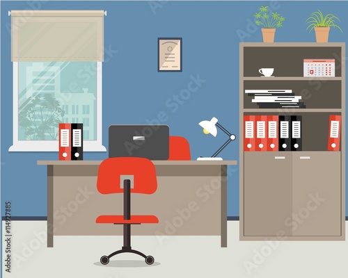 Workplace of office worker. Vector flat illustration. On the picture the desktop, case for documents, a chairs, the  computer and other objects in red colors are situated on a window background