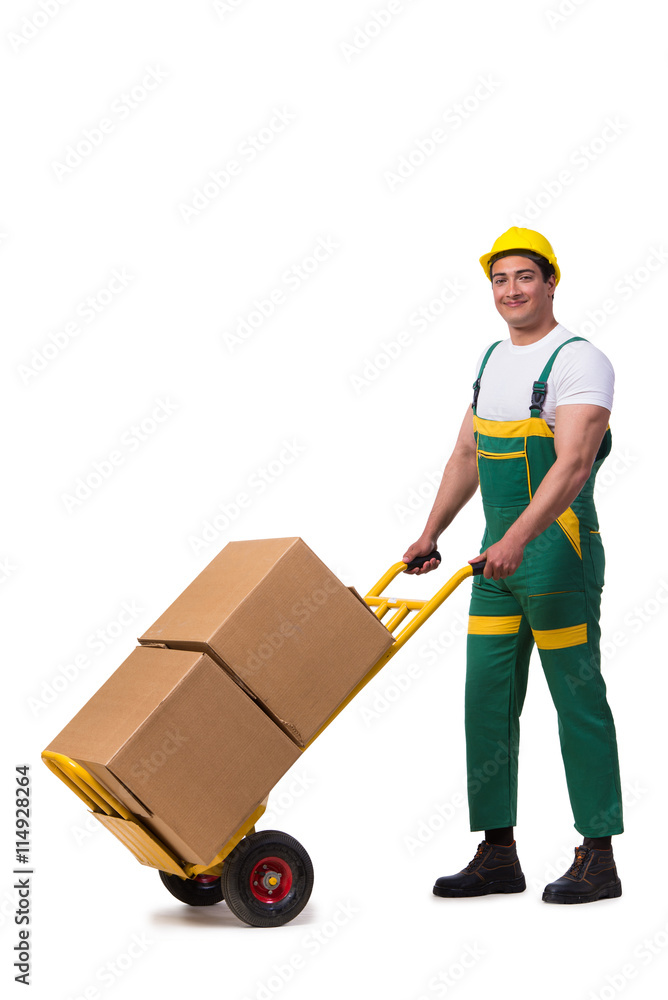 Man moving boxes isolated on the white background Man moving boxes isolated on the white background