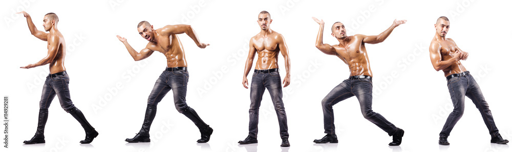 Ripped man pushing away virtual obstacle Ripped man pushing away virtual obstacle