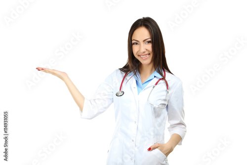 Portrait of young medical doctor on a white background
