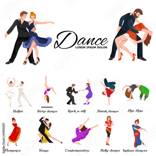 Dancing People, Dancer Bachata, Hiphop, Salsa, Indian, Ballet, Strip, Rock and Roll, Break, Flamenco, Tango, Contemporary, Belly Dance Pictogram Icon. Dancing style of design concept set