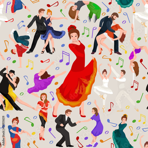 Seamless pattern. Dancing People, Dancer Bachata, Hiphop, Salsa, Indian, Ballet, Strip, Rock and Roll, Break, Flamenco, Tango, Contemporary, Belly Dance Pictogram Icon. Dancing style of design concept