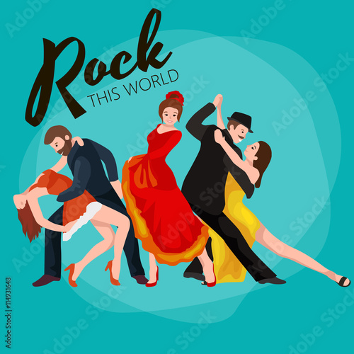 Group of dancing people, yong happy man and woman dance together and in a couple, girl sport dancer, happy boy, dance background vector illustration pictogram isolated