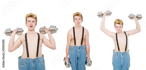 Collage of funny man with dumbbells on white
