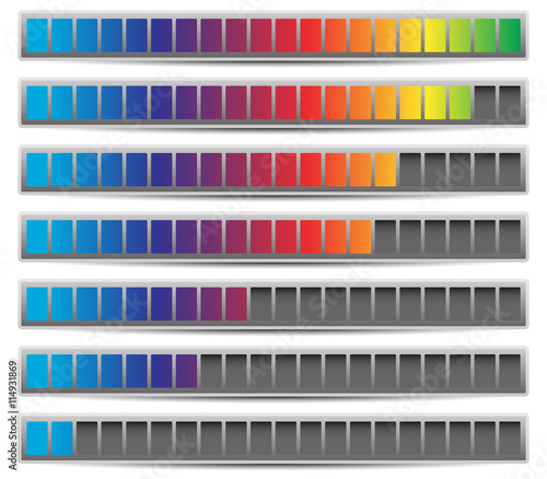 Set of progress, loading bars, preloaders in sequence from low t