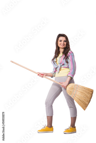 Woman sweeping floor isolated on white © Elnur