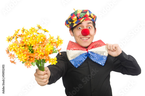 Funny clown with flowers isolated on white