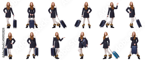 Woman with suitcase preparing for winter vacation