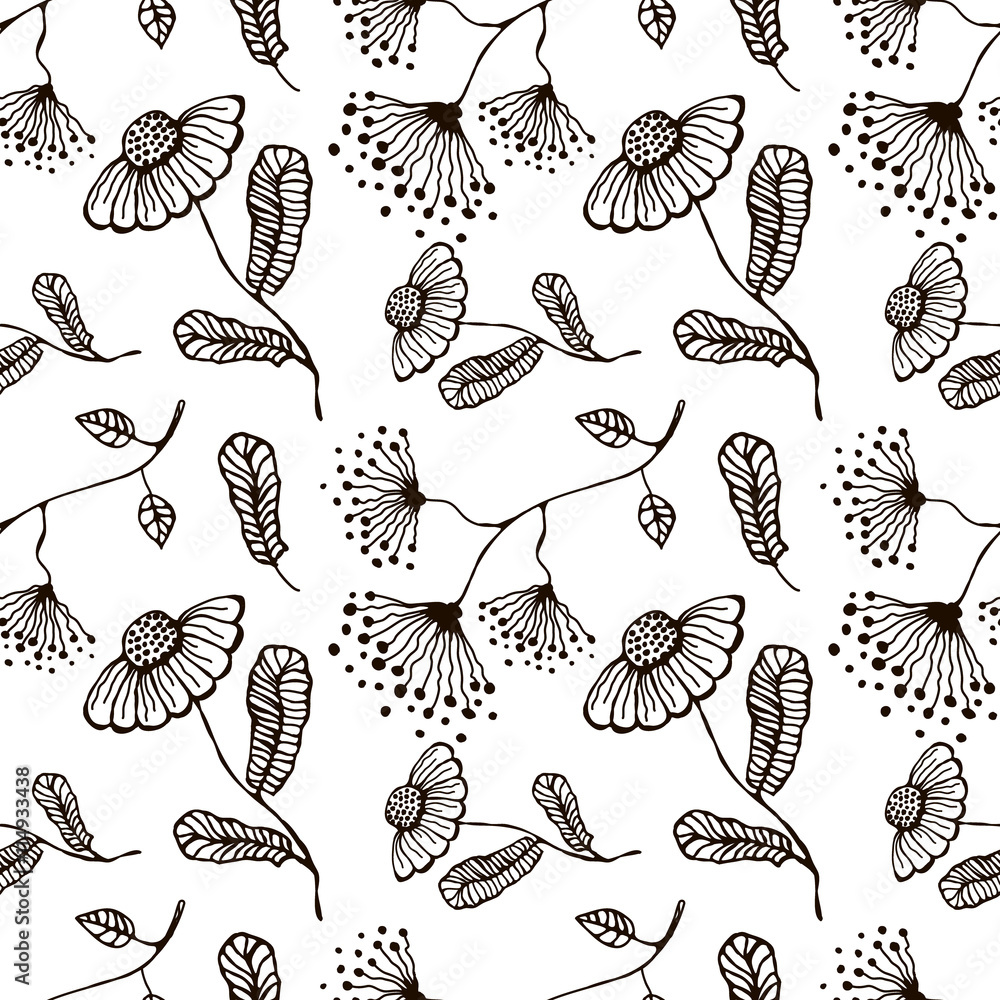 Seamless vector floral pattern. Hand drawn black and white background ...