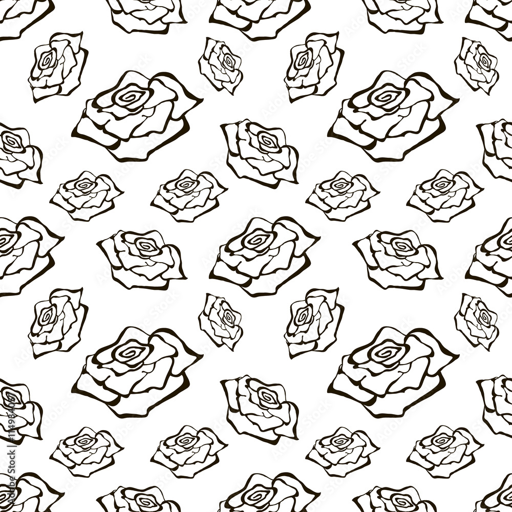 Seamless vector floral pattern with flowers. Hand drawn black and white background with rose. Inc painting. Series of Hand Drawn Seamless Patterns.