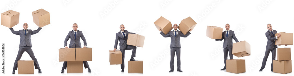 Collage of photos with man and boxes Collage of photos with man and boxes
