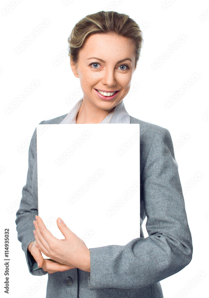 Business woman portrait with blank white banner. Business woman portrait with blank white banner.