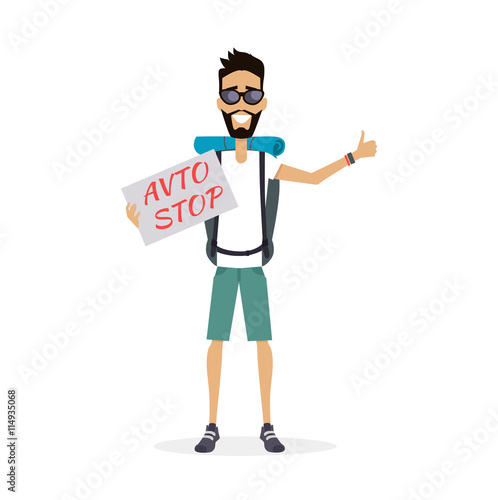 Hitch-Hiking Traveller Character Vector Illustration.