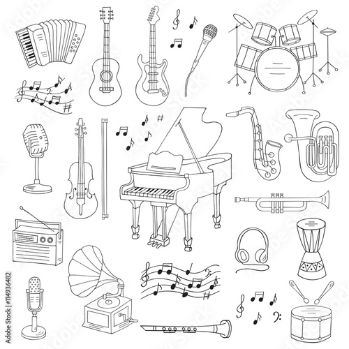 Music icon set vector illustrations hand drawn doodle. Musical instruments piano, guitar, accordion, gramophone, violin,  saxophone, music notes, microphone, headphones, record player, harp.