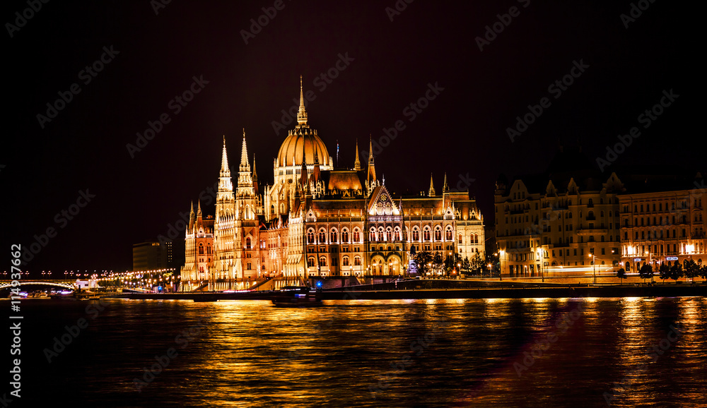 Parliament Building Boats Danube River Night Budapest Hungary