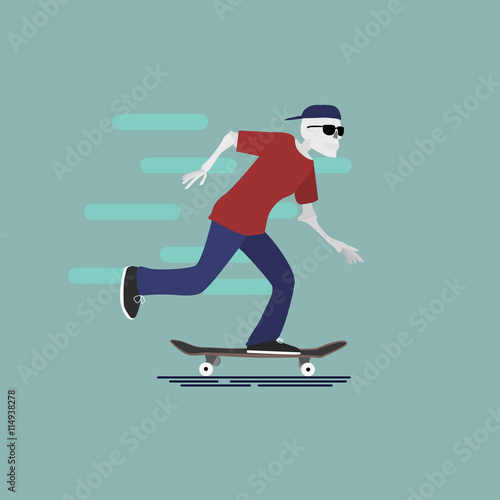 Vector skilet character with goggles and cap riding skateboard. Urban citizen character on blue background. Skateboarding illustration. photo