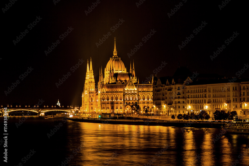 Parliament Building Boats Danube River Night Budapest Hungary